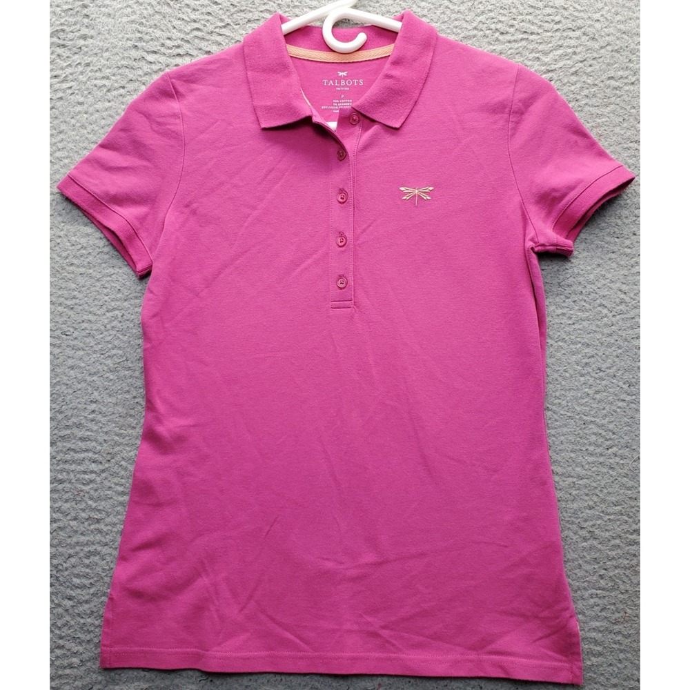 Talbots Polo Shirt Womens Petite P Pink Short Sleeve Dragonfly Stretch Popover